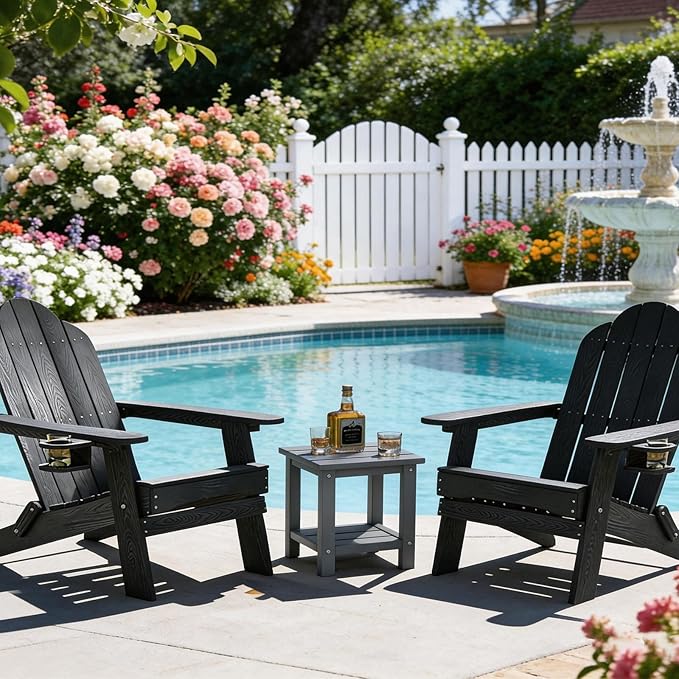 OTSUN Adirondack Outdoor Side Table, 16" HDPE Patio Side Table with Shelf, Weather Resistant Easy Maintenance for Backyard Pool Porch Garden & Lawn