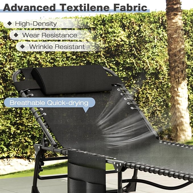 EBE Outdoor Lounge Chair Set of 2, Portable Patio Sun Tanning Chair with 4-Position Reclining Back, Pool Chaise Lounge Chair with Detachable Pillow and Side Pocket for Beach, Poolside, Black