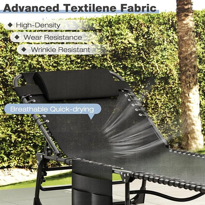 EBE Outdoor Lounge Chair Set of 2, Portable Patio Sun Tanning Chair with 4-Position Reclining Back, Pool Chaise Lounge Chair with Detachable Pillow and Side Pocket for Beach, Poolside, Black