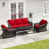 4 Pieces Outdoor Conversation Furniture Set - 77" Patio Sofa, 2 Wicker Armchairs, 1 Metal Coffee Table - Photo 1