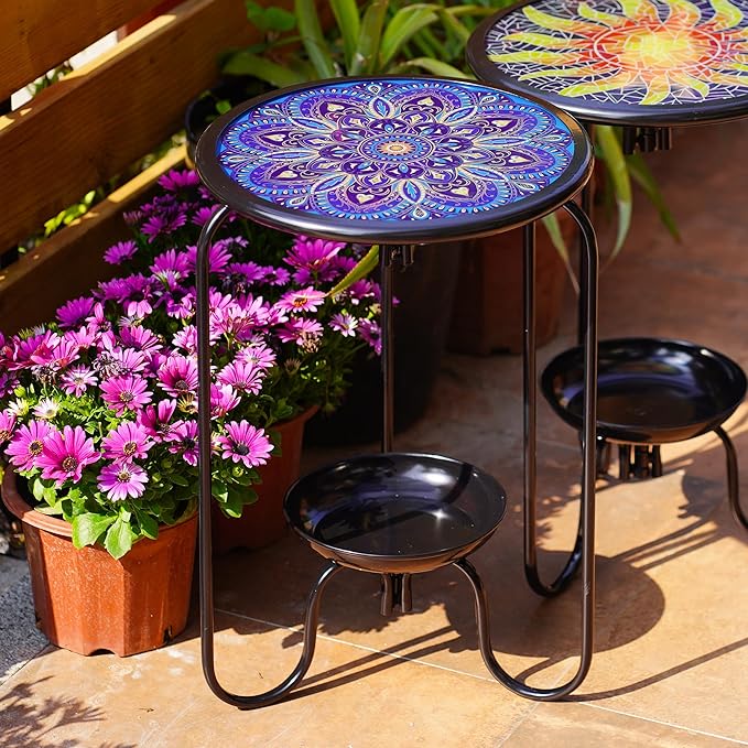 Modern Mosaic Mandala Pattern Glass Patio Table with Bottom Tray - Outdoor Side, Small Accent for Yard, Porch, Garden, Living Room, Coffee Tea, Plant Stand (Blue Mandala)