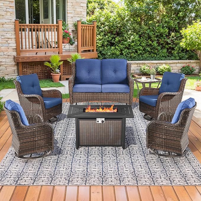 Patio Loveseat Glider Set, Resin Wicker Loveseat Glider with 4 Swivel Patio Chiars Rectangular Firepit Table, 7 Piece - Photo 1