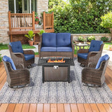 Patio Loveseat Glider Set, Resin Wicker Loveseat Glider with 4 Swivel Patio Chiars Rectangular Firepit Table, 7 Piece - Photo 1