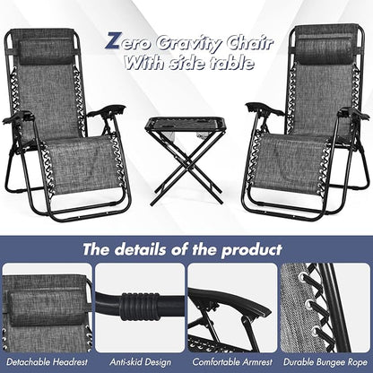 S AFSTAR Zero Gravity Chairs Set of 2, 3 PCS Folding Zero Gravity Lawn Chair Set with Side Table Cup Holders & Adjustable Headrest, Reclining Patio Chairs, Zero Gravity Lounger for Patio Poolside