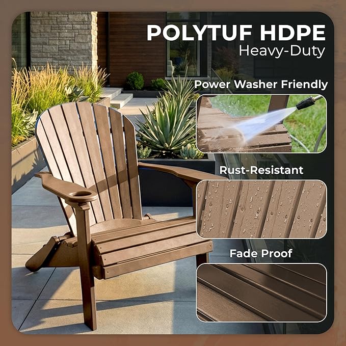 Ecommersify Folding Adirondack Chair with Cup Holder - (Weather Wood) - Heavy Duty Recycled Poly Lumber Folding Chair - Amish Crafted Outdoor Furniture - Made in USA