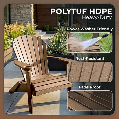 Ecommersify Folding Adirondack Chair with Cup Holder - (Weather Wood) - Heavy Duty Recycled Poly Lumber Folding Chair - Amish Crafted Outdoor Furniture - Made in USA