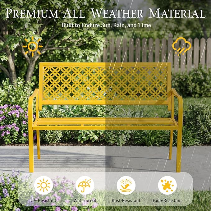 ONBRILL 50" Outdoor Bench, Garden Benches with Galvanized Metal Frame, Front Porch Bench with Floral Backrest, Patio Furniture with Adjustable Feet for Park, Yard, Lawn, Entryway, Yellow