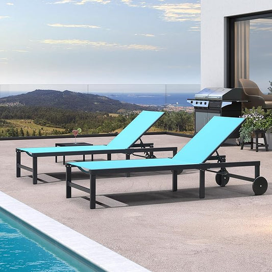 PURPLE LEAF Outdoor Chaise Lounge Chairs Set Recliner Aluminum Adjustable Chair with Wheels and Table for Poolside Beach Patio Reclining Sunbathing Lounger, Blue