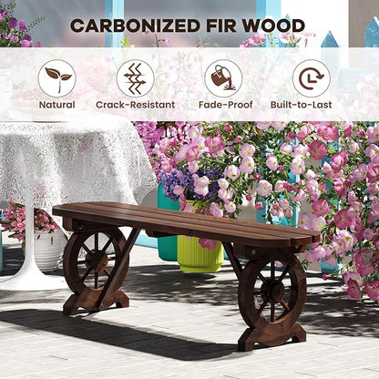 HAPPYGRILL Patio Wood Bench Outdoor Rustic Wagon Wheel Bench w/Carbonized Finish & Fir Construction, 2-Person Wooden Outdoor Bench for Patio, Garden, Porch, Park