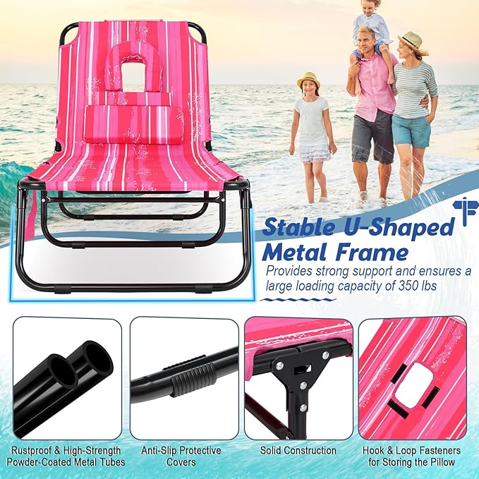 Goplus Tanning Chair, Folding Beach Lounge Chair with Face Hole, Removable Pillow, Carry Strap, Position Adjustable, Sunbathing Chair, Portable Outside Lounge Chair for Patio Pool