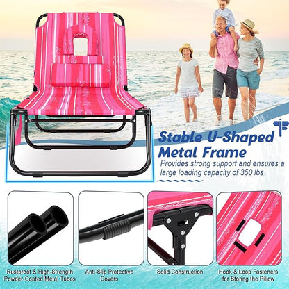Goplus Tanning Chair, Folding Beach Lounge Chair with Face Hole, Removable Pillow, Carry Strap, Position Adjustable, Sunbathing Chair, Portable Outside Lounge Chair for Patio Pool