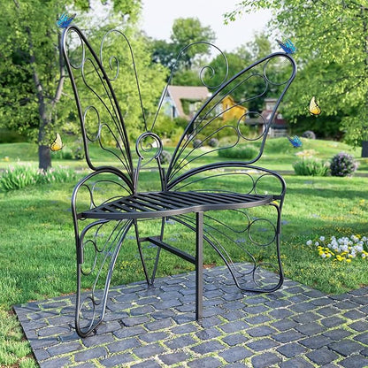 HavenlyYouth Butterfly Shaped Outdoor Bench, Black Garden Bench for Outdoor with Sturdy Stable Metal Frame, Butterfly Chair Butterfly Bench Outdoor for Garden, Yard, Balcony, Lawn (Black)