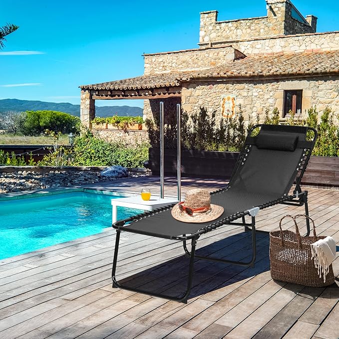 GYMAX Lounge Chairs for Outside, Extra High Folding Beach Tanning Lounger with 4-Level Adjustable Backrest, 2-Level Footrest & Removable Pillow, Sunbathing Lounge for Patio, Lawn, Poolside (2, Black)