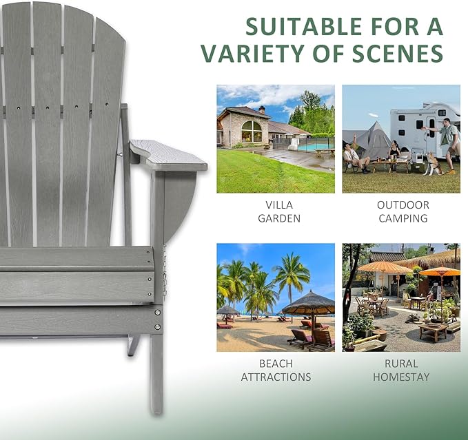 Folding Adirondack Chairs Set of 2, HDPE Wooden Textured Plastic Adirondack Chairs - Photo 6