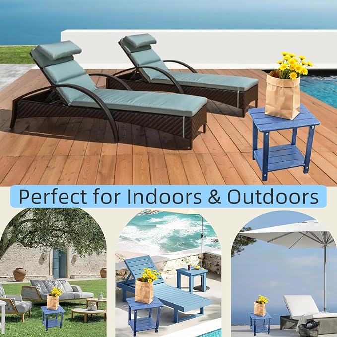 Adirondack Square Outdoor Side Table, 2-Tier Storage Patio Side Table with Weatherproof HDPE Material, Low Maintenance End Table for Backyard, Garden, Pool, Porch, Deck, Lawn