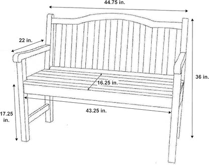Shine Company Belfort Outdoor Solid Wood Patio Garden Bench, Ergonomic Seat, 22" D x 44.75" W x 36" H, Eggshell White