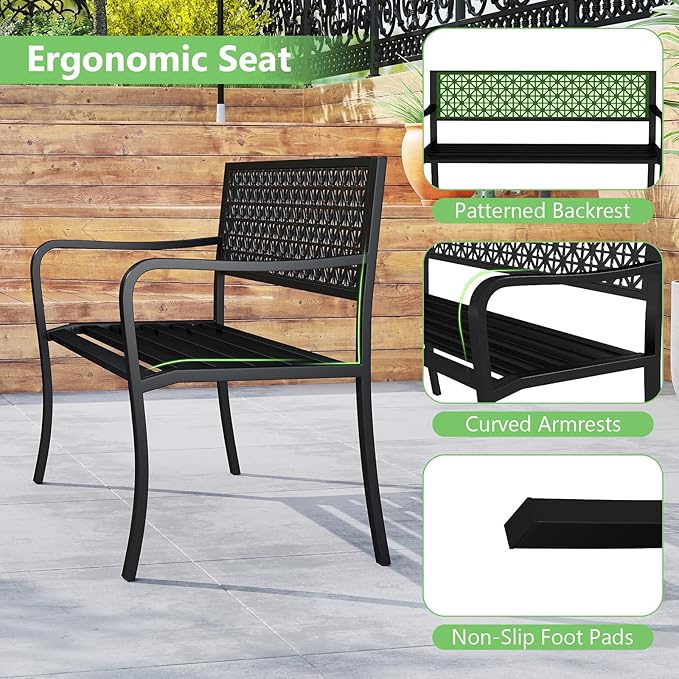 Tangkula Metal Outdoor Park Bench, 50 Inches Patio Garden Bench with Patterned Backrest and Curved Armrests, 2-3-Person Patio Bench, Outdoor Metal Loveseat Chair for Porch, Lawn, Yard and Park