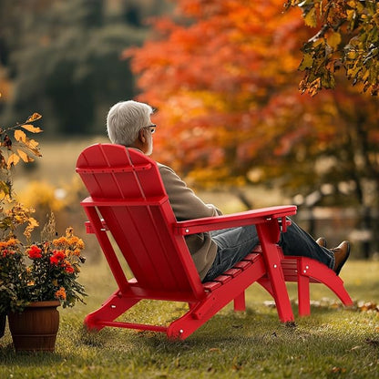 IVY&LANE Outdoor Adirondack Ottoman | Folding | Set of 2 | HDPE | Red | All Weather | Waterproof Patio Footrest for Adirondack Chair | Poly Lumber Foot Rest for Deck Backyard