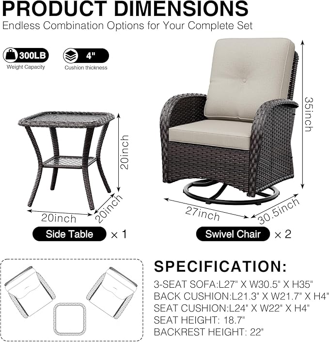 Joyside Outdoor Swivel Rocker Chairs, 3 Piece Wicker Patio Set with Thickened Cushions, High Back, Deep Seating - Photo 3