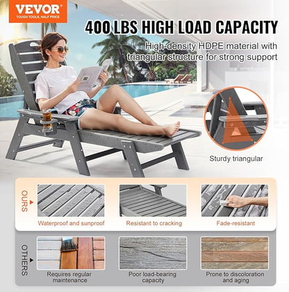 VEVOR Chaise Lounge Chair, 400 lbs Weight Capacity, 6 Positions Adjustable Patio Lounge Chair, Outdoor HDPE Lounge Chair with Backrest & Cup Holder, for Pool Poolside Deck Backyard Lawn, Gray