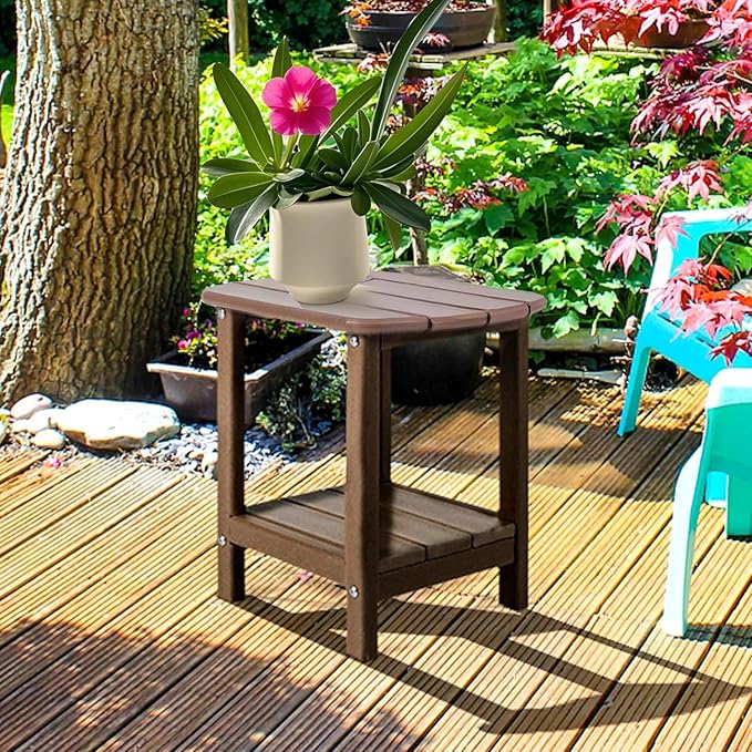 Adirondack Outdoor Side Table - 16.5" Square 2-Tier Patio Table with Weatherproof HDPE Material | All-Weather, Low Maintenance Furniture for Poolside, Porch, Deck