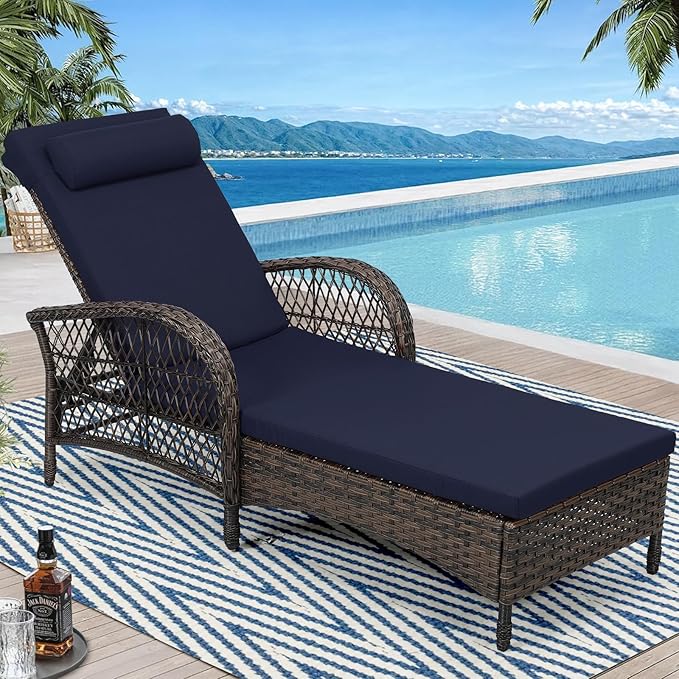 Outdoor Chaise Lounge Chair, PE Wicker Long Recliner Patio Lounge Chair with Cushion - Photo 1