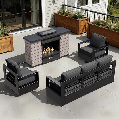 Outdoor Aluminum Furniture Set, 4-Piece Patio Conversation Set, 2 Swivel Chairs, 1 Sofa and 1 Fireplace, All-Weather Metal Frame, 6" Thick Removable Cushions, Deep Setting for Garden and Porch