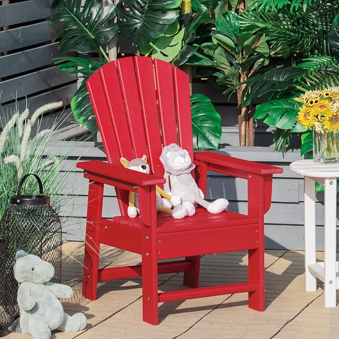 Giantex Adirondack Chair, Kids HDPE Patio Lawn Chair with Ergonomic Backrest for Deck, Porch, Backyard, Poolside, Indoor, Weather Resistance Toddler Outdoor Chair (1, Red)