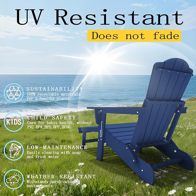 Adjustable Adirondack Chairs with Retractable Ottoman Set of 4, HDEP Folding Adirondack Chair with Footrest & Cup Holder, All Weather Fire Pit Chair for Outdoor,Navy Blue