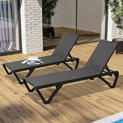Domi Pool Lounge Chairs Set of 2, Aluminum Chaise Lounge Outdoor, Patio Lounge Chair for Outside 5 Position Adjustable & Wheels, Pool Chairs for Poolside Garden