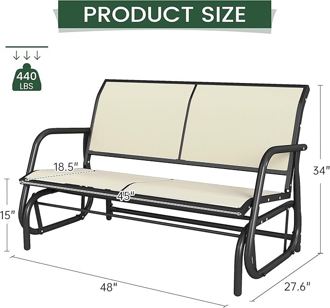 Patio Outdoor Glider Bench, High Backrest and Breathable Mesh Fabric, Yard Porch Loveseat, Outside Rocking Swing Chair - Photo 3