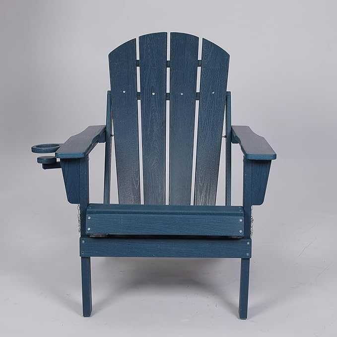 HDPE Folding Adirondack Chair with Cup Holder Outside, Composite Outdoor Chairs with Wood Texture, Blue - Photo 6