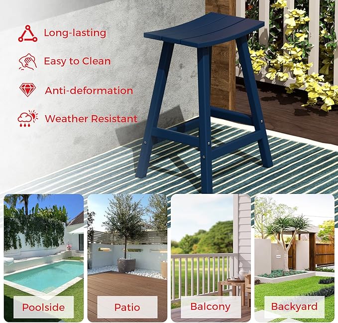 Costaelm All-Weather Bar Stools Set of 3, 24" Height Outdoor Bar Stools, Adirondack Poly Patio Bar Stool for Patio, Deck, Kitchen Counter and Garden, Navy Blue