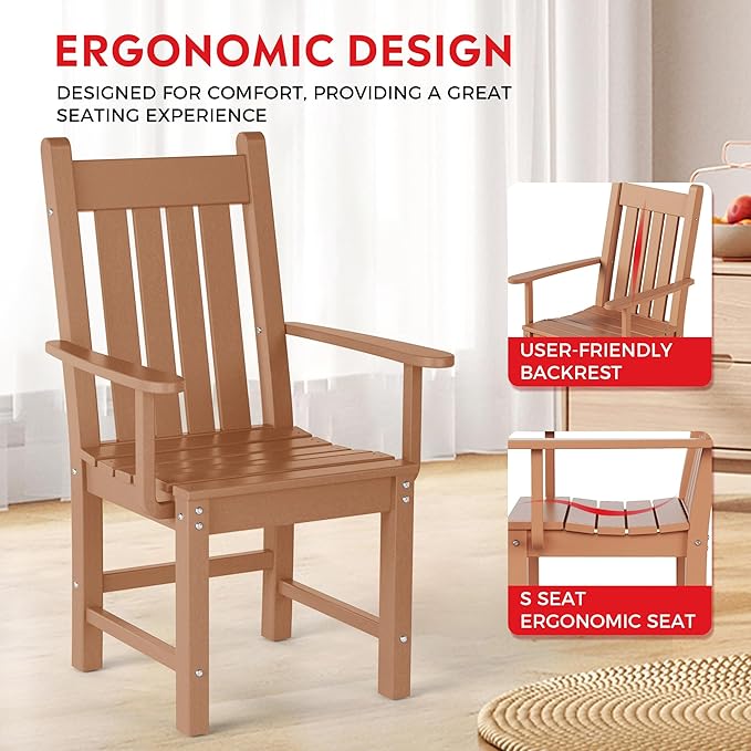 Costaelm Patio Dining Chairs, Plastic Outdoor Adirondack Chair with Arm, HDPE Poly Lumber, Waterproof Restaurant Bistro Dining Chair for Outside Porch Backyard Garden, Teak