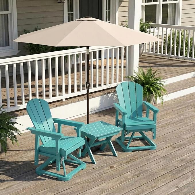 HDPE Outdoor Swivel Glider Chair Set of 2 with Folding Side Table & 9FT Patio Umbrella, Adirondack Wooden Textured Swivel Chairs for Porch, Balcony, Poolside, Backyard (Aruba Blue)