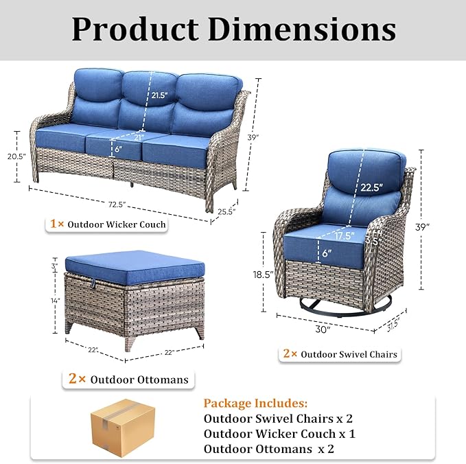 Luxury High Back Patio Furniture Set with 6-Inch Thick Cushions, 5-Pieces Outdoor Furniture with Swivel Chairs, Wicker Conversation Set for Porch, Balcony, Deck and Yard, Grey/Blue