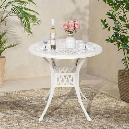 VIVIJASON 31" Patio Bistro Table Outdoor Dining Round Table White Cast Aluminum Table with Umbrella Hole