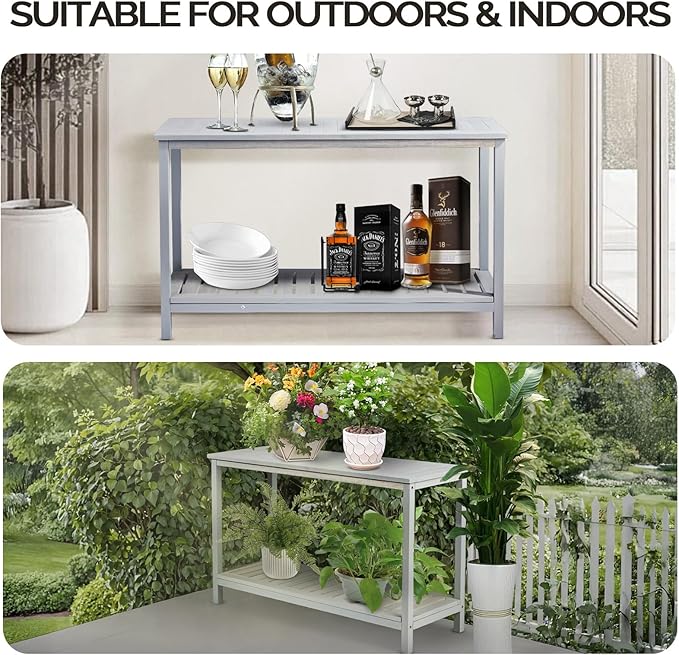 VINGLI 49in Solid Wood Outdoor Console Table, 2-Shelf Wooden Outdoor Accent Plant Table Multifunctional Buffet Bar Storage Organizer for Indoor Patio Porch and Entryway (Gray)