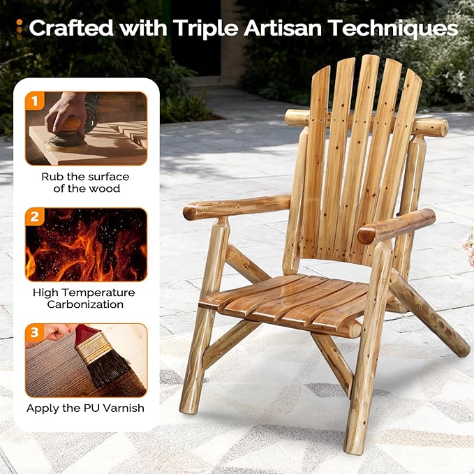 VINGLI Adirondack Chairs Set of 2, Solid Wood Adirondack Chair Fire Pit Chairs, Heavy Duty Backyard Seating Armchair Deck Garden Lawn (Light Carbonized, 2 PCS)