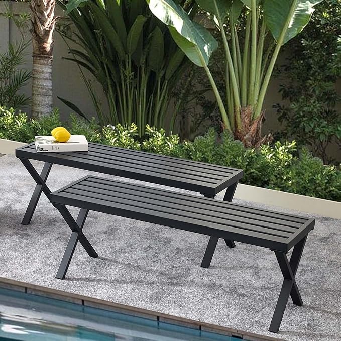 Metal Garden Bench for Outdoors, Set of 2, Black Outdoor Benches Slats for Patio, Patio Backless Bench with Cross Leg,Dining Bench for Porch, Lawn, Balcony, Backyard and Park