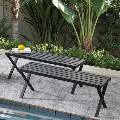 Metal Garden Bench for Outdoors, Set of 2, Black Outdoor Benches Slats for Patio, Patio Backless Bench with Cross Leg,Dining Bench for Porch, Lawn, Balcony, Backyard and Park