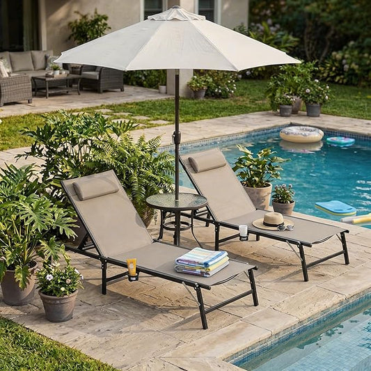 Foldable Outdoor Lounge Chairs Set of 4, No Assembly Chaise Lounge Outdoor with Cup Holder and 6 Adjustable Positions, Patio Lounge Chair with Detachable Pillow for Outside Poolside Beach Pool, Khaki