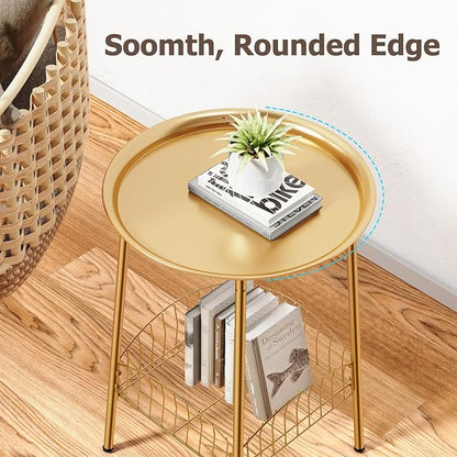 Small Outdoor Side Table, 2-Tier Round Metal Patio Table, Accent Table Waterproof, Weather Resistant End Table for Yard Porch Pool Balcony Garden Bedside (Gold)