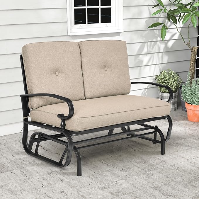 Tangkula Outdoor Swing Glider Chair, Patio Glider Bench for 2 Persons, Outdoor Rocking Loveseat with Steel Frame & Comfortable Cushions for Garden, Porch, Balcony, Poolside (Beige)