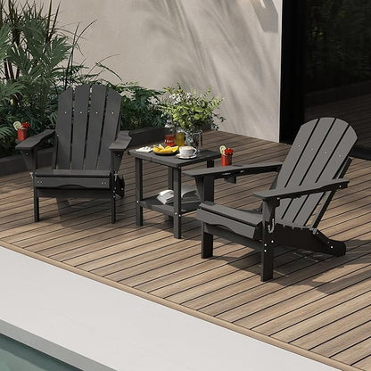 Adirondack Chair with Table Set,HDPE Plastic All Weather Fire Pit Chair with Cup Holder,3-Piece (Grey, 2 Chair &1 Table)