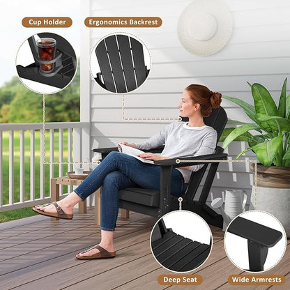 Adirondack Chair with Cushion & Cup Holder, HDPE Folding Adirondack Chair with Wood-Like Grain Outdoor Fire Pit Chairs for Patio/Porch/Swimming Pool/Camping (Black)