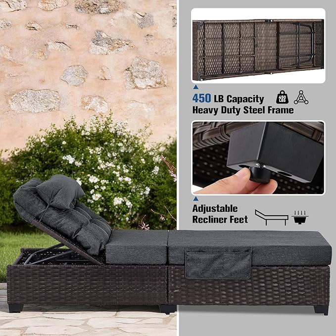 Outdoor Chaise Lounge Chair, Patio Rattan Adjustable Recliner with 5-Inch Thick Cushion, Heavy Duty Metal Lounger for Pool Beach Yard (Gray)