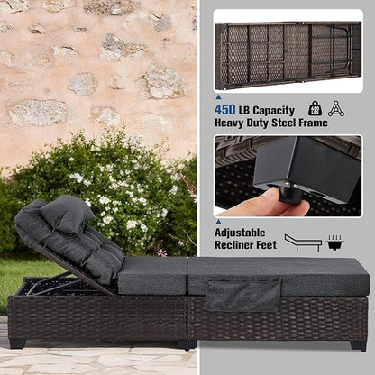 Outdoor Chaise Lounge Chair, Patio Rattan Adjustable Recliner with 5-Inch Thick Cushion, Heavy Duty Metal Lounger for Pool Beach Yard (Gray)