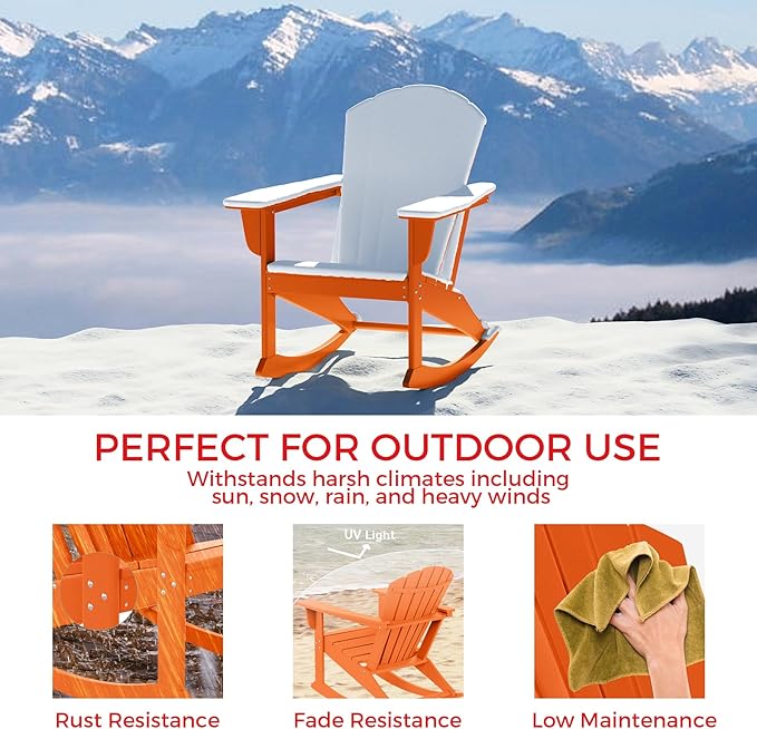 Costaelm Outdoor Adirondack Chair, All Weather Resistant Lawn Chairs Balcony Chair and Fire Pit Chairs, Deck Chairs Outdoor Porch Rocking Chair High Back HDPE Poly Lumber, Orange
