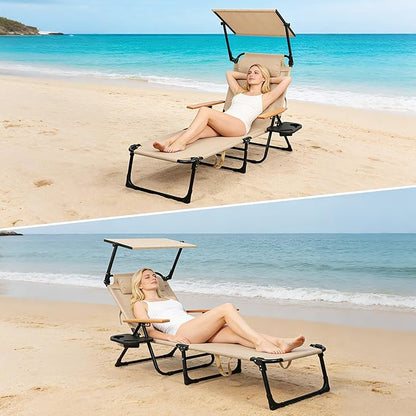Outdoor Chaise Lounge Chair with 4-Position Adjustable Backrest,Patio Folding Sun Tanning Chair,Pillow & Cup Holder,Portable Recliner Sunbathing Lounger Chairs for Beach Garden (Beige with Shade)